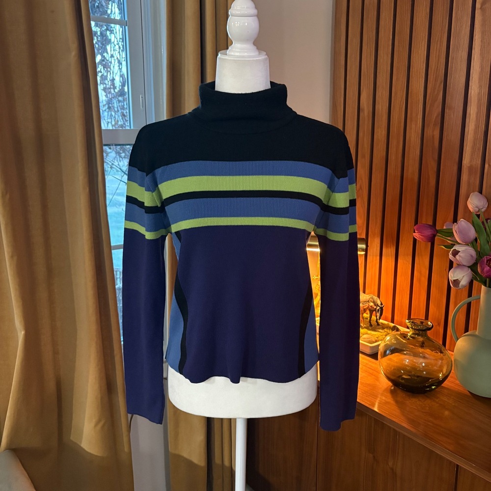 SIX Women Blue Green Striped Ribbed Turtleneck Sweater Size M Made in USA